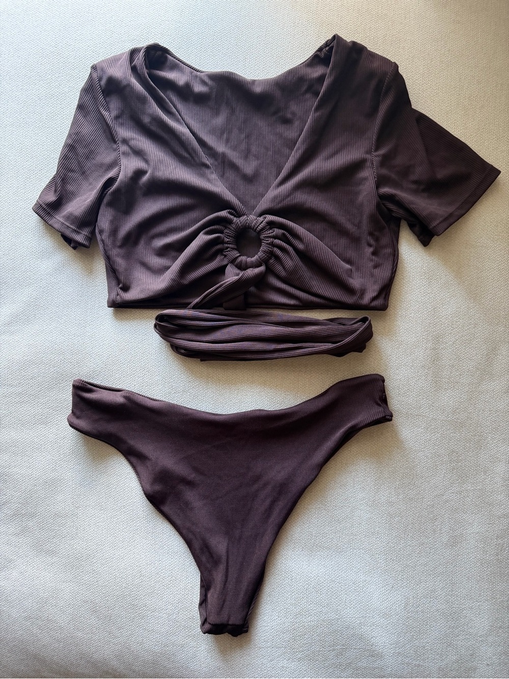 Fashion Nova Two-Piece Crop Top & High-Cut Bottom Bikini in Deep Brown